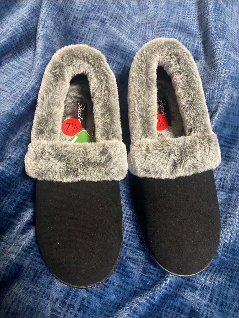 Skechers Black Slip-On Slippers with Gray Faux Fur Trim